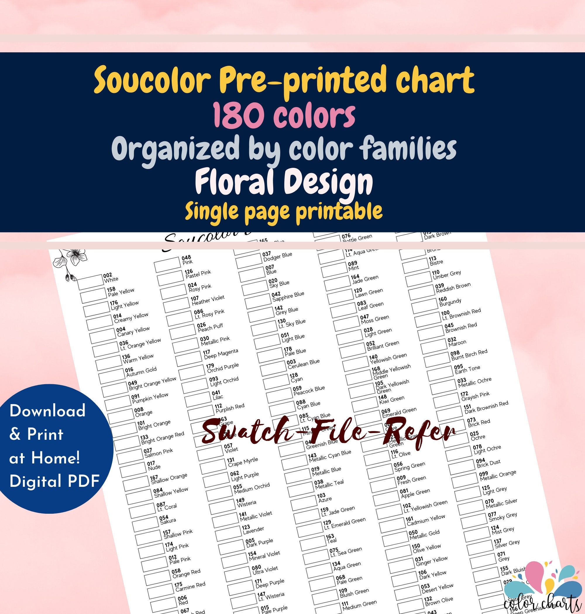 Soucolor 180 Chart Pre-printed Color Codes Swatch Boxes DIY Digital PDF  Single Page Printable Floral Design 
