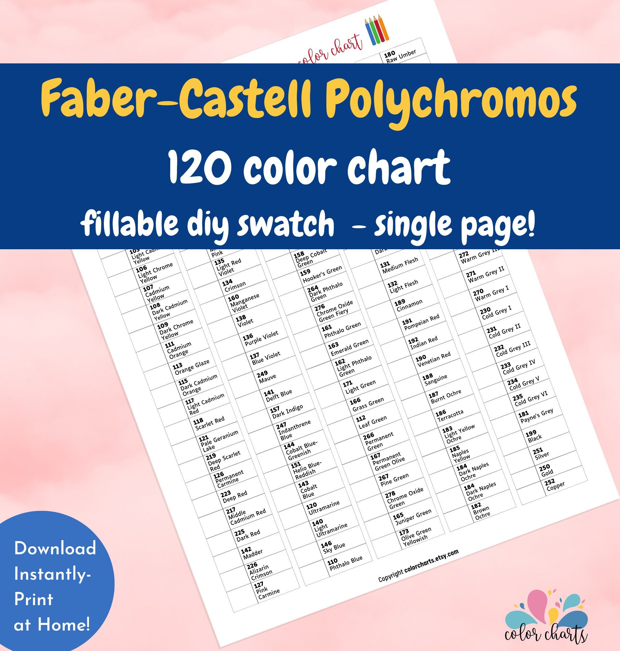 Polychromos 120 Swatch Page Faber-castell Colored Pencils DIY Colored Pencil  Charts Download & Print Digital PDF Letter Size Paper 