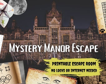 Juego de sala de escape. Aventura imprimible de Mystery Manor para adultos, adolescentes y familia / Juego de fiesta de rompecabezas lógico DIY / Kit avanzado de sala de escape