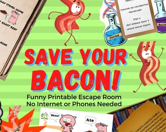 Escape Room Game. Funny Bacon Adventure Printable Party Game for Adults, Teens and Families | Fun Printable Escape Room Kit | DIY Escape