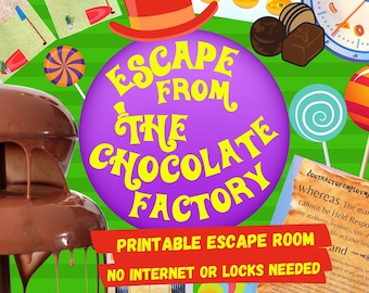 May include: Printable escape room game themed around Willy Wonka's Chocolate Factory. The game features a chocolate fountain, lollipops, and a clock with chocolate-themed images. The text on the image reads "Escape from the Chocolate Factory", "Printable Escape Room", and "No Internet or Locks Needed".