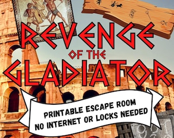 Könnte beinhalten: Ein druckbares Escape-Room-Spiel namens "Revenge of the Gladiator" mit einem roten und weißen Banner, auf dem "Printable Escape Room No Internet or Locks Needed" steht. Das Spiel zeigt ein römisches Kolosseum und ein Mosaikbild von Gladiatoren.
