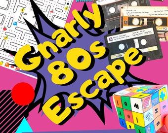 May include: A printable escape room game with a retro 1980s theme. The game features a colourful design with a speech bubble that says "Charly 80s Escape". The game is described as "Printable Escape Room! No 80s Knowledge Required. No Locks or Internet Needed."