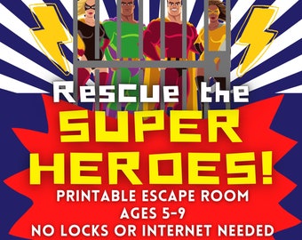 Op de afbeelding: Een printbaar escape room-spel voor kinderen van 5 tot 9 jaar. Het spel toont vier superhelden die in een kooi gevangen zitten. De tekst op de afbeelding luidt "Red de superhelden! Printbaar Escape Room 5-9 jaar Geen sloten of internet nodig."