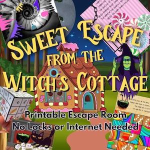 May include: A printable escape room game themed around a witch's gingerbread cottage. The game features a variety of puzzles and challenges, including a candy swirl puzzle, a chain puzzle, and a gingerbread house puzzle. The game is designed for ages 8 and up and is perfect for a Halloween party or family game night.  The text on the image reads "Sweet Escape from the Witch's Cottage. Printable Escape Room. No Locks or Internet Needed."