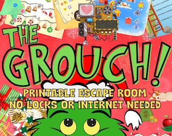 May include: A printable escape room game featuring the Grinch, with the text "The Grouch! Printable Escape Room No Locks or Internet Needed". The game features a green Grinch character with a red Santa hat, and a variety of Christmas-themed images.