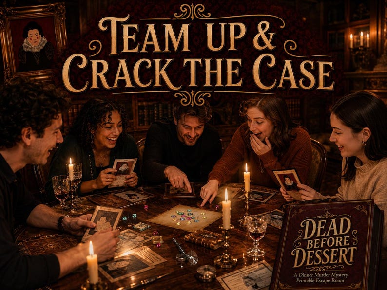 Może przedstawiać: Grupa ludzi grająca w grę kryminalną Dead Before Dessert przy drewnianym stole ze świecami, kartami do gry i planszą. Tekst Team Up & Crack The Case jest wyświetlany nad graczami w ciemnym pomieszczeniu.