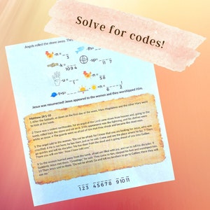 May include: A blue and white worksheet with a Bible verse from Matthew 28:1-10. The worksheet has a puzzle with a rooster, a sun, a hand, a fish, and a compass. The puzzle is designed to help solve for codes. The worksheet also includes the text "Solve for codes!" and "Jesus was resurrected! Jesus appeared to the women and they worshipped Him."