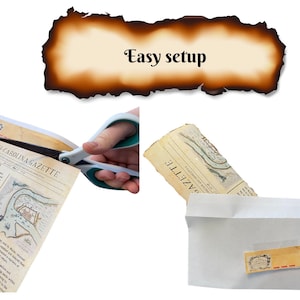 May include: A close-up of a hand holding a pair of scissors cutting a vintage-style newspaper with the text "SOUTH CAROLINA GAZETTE" printed on it. The newspaper is rolled up and placed in a white envelope with a vintage-style stamp.