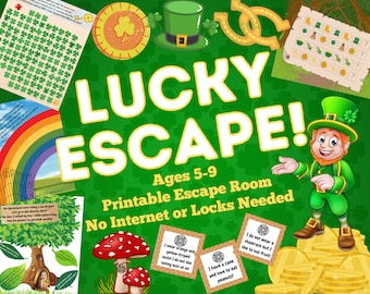 Op de afbeelding: Een printbaar escape room-spel voor kinderen van 5 tot 9 jaar met een St. Patrick's Day-thema. Het spel bevat een kabouter, klavertjesvier, gouden munten en een regenboog. De tekst op de afbeelding luidt "Lucky Escape! Ages 5-9 Printable Escape Room No Internet or Locks Needed".