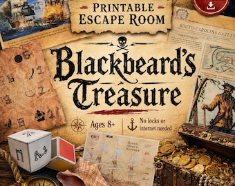Può includere: Un gioco di escape room stampabile intitolato Blackbeard's Treasure con un'estetica a tema pirata, carta pergamena invecchiata, uno scrigno pieno di monete d'oro, una bussola, una conchiglia, l'illustrazione di una nave e un'icona a teschio.