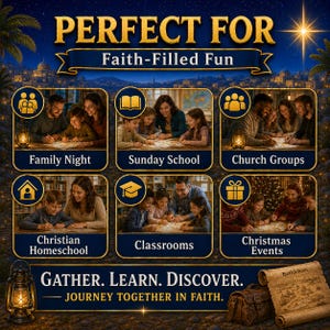 May include: A promotional graphic titled PERFECT FOR Faith-Filled Fun featuring six circular icons depicting groups of people engaged in activities. Text includes Family Night, Sunday School, Church Groups, Christian Homeschool, Classrooms, Christmas Events, GATHER. LEARN. DISCOVER. JOURNEY TOGETHER IN FAITH, and Bethlehem on a scroll.