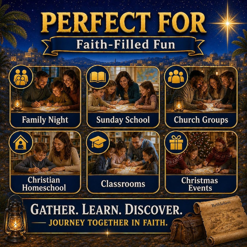 May include: A promotional graphic titled PERFECT FOR Faith-Filled Fun featuring six circular icons depicting groups of people engaged in activities. Text includes Family Night, Sunday School, Church Groups, Christian Homeschool, Classrooms, Christmas Events, GATHER. LEARN. DISCOVER. JOURNEY TOGETHER IN FAITH, and Bethlehem on a scroll.