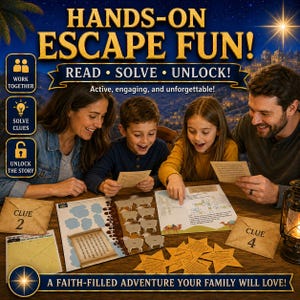 May include: A family game set titled Hands-On Escape Fun featuring a crossword puzzle, clue envelopes labelled 2 and 4, star-shaped cards with text, and a spiral-bound booklet with sheep illustrations. The game includes instructions to read, solve, and unlock.