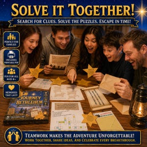 May include: A printable escape room game titled Journey to Bethlehem featuring a box, paper puzzles, star-shaped cards, and a scroll. The game includes text such as Solve It Together, Search for Clues, Solve the Puzzles, Escape in Time, and Teamwork Makes the Adventure Unforgettable.