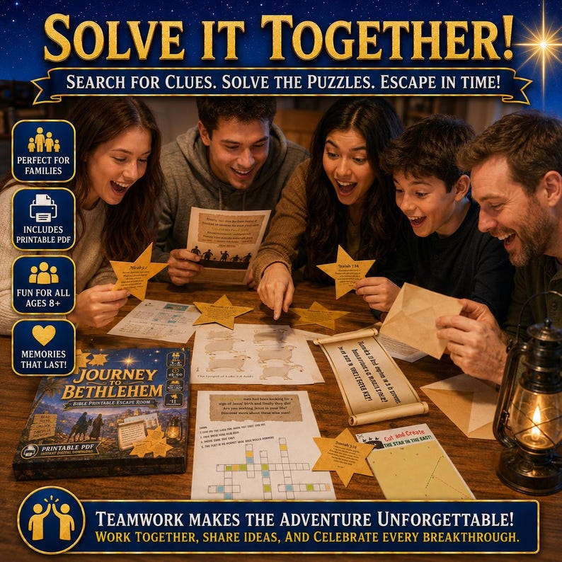 May include: A printable escape room game titled Journey to Bethlehem featuring a box, paper puzzles, star-shaped cards, and a scroll. The game includes text such as Solve It Together, Search for Clues, Solve the Puzzles, Escape in Time, and Teamwork Makes the Adventure Unforgettable.