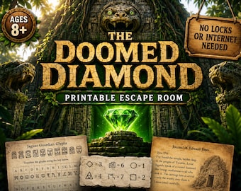 May include: A printable escape room game titled The Doomed Diamond featuring a glowing green diamond, stone jaguar carvings, and ancient temple imagery. Includes a Jaguar Guardian Glyphs translation key, a numeric code sheet, and a journal entry.