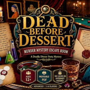 Peut inclure: Un jeu d'évasion mystère Dead Before Dessert comprenant un logo, une loupe, des flacons de potion avec des symboles de crâne et de danger, un parchemin avec du texte, une enveloppe scellée, une pochette en velours bleu et un verre ambré.
