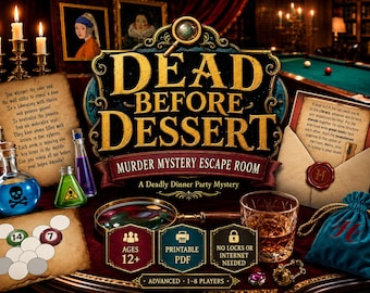May include: A Dead Before Dessert murder mystery escape room game set featuring a title logo, a magnifying glass, potion bottles with skull and hazard symbols, a parchment with text, a sealed envelope, a blue velvet pouch, and a glass of amber liquid.