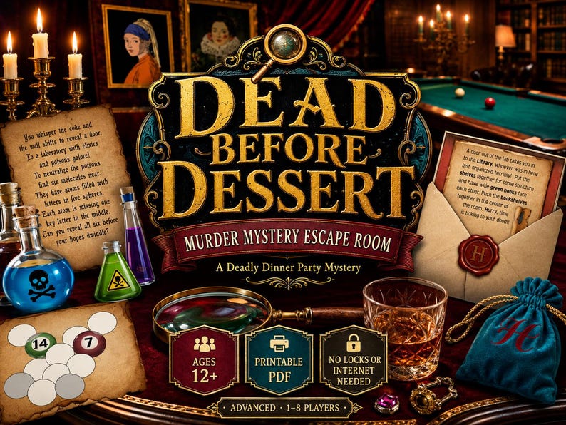 Może przedstawiać: Zestaw do gry escape room Dead Before Dessert z logo, lupą, buteleczkami z symbolami czaszki i zagrożenia, pergaminem z tekstem, zapieczętowaną kopertą, niebieskim aksamitnym woreczkiem oraz szklanką z bursztynowym płynem.