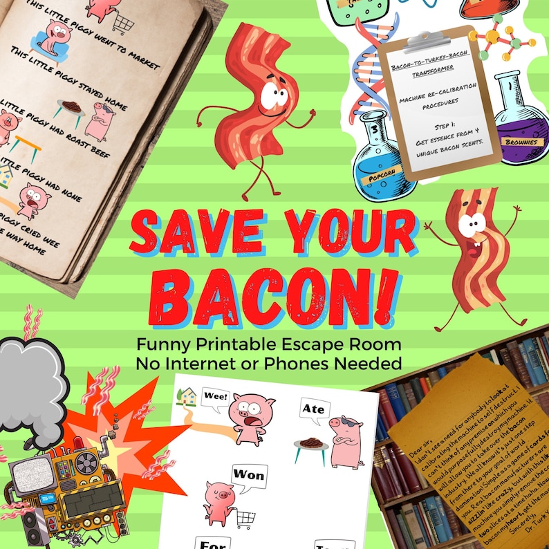 Op de afbeelding: Een printbaar escape room-spel met een bacon-thema. Het spel heet "Red je spek!" en bevat een cartoon-bacon-personage. Het spel is ontworpen om te spelen zonder internet of telefoons.