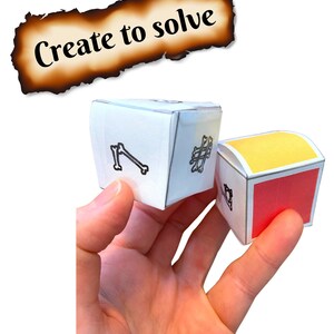 May include: Two white dice with black markings. One die has a bone and a crossbones symbol. The other die has a crossbones symbol and a skull symbol. The dice are held in a hand. The text "Create to solve" is written on a burnt piece of paper.