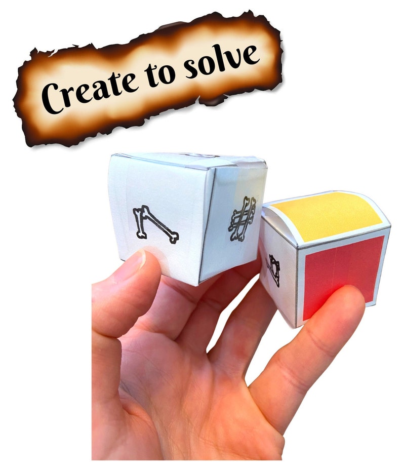 May include: Two white dice with black markings. One die has a bone and a crossbones symbol. The other die has a crossbones symbol and a skull symbol. The dice are held in a hand. The text "Create to solve" is written on a burnt piece of paper.