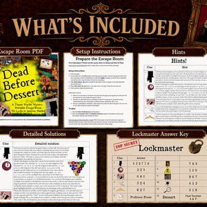 Może przedstawiać: Drukowna gra typu escape room zatytułowana Dead Before Dessert, zawierająca instrukcje konfiguracji, arkusze wskaz&oacute;wek, szczeg&oacute;łowe rozwiązania oraz klucz odpowiedzi Lockmaster. Dokumenty zawierają tekst, tabele i ilustracje do gry kryminalnej.