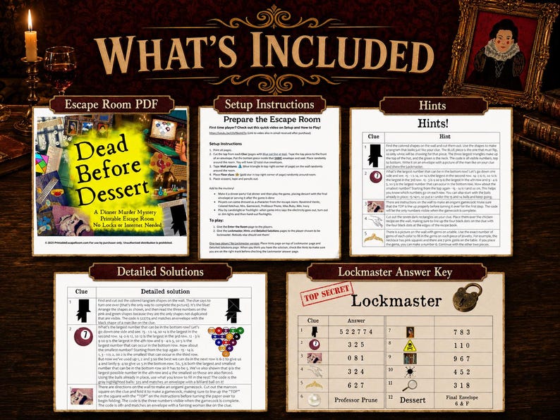 Może przedstawiać: Drukowna gra typu escape room zatytułowana Dead Before Dessert, zawierająca instrukcje konfiguracji, arkusze wskaz&oacute;wek, szczeg&oacute;łowe rozwiązania oraz klucz odpowiedzi Lockmaster. Dokumenty zawierają tekst, tabele i ilustracje do gry kryminalnej.
