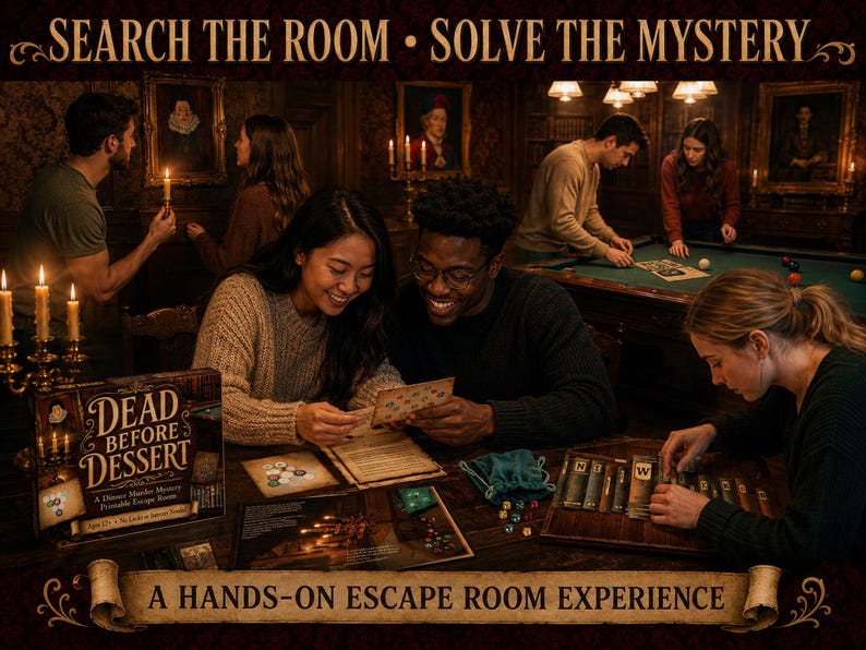 Może przedstawiać: Zestaw do gry escape room do druku Dead Before Dessert, kryminalna zagadka na kolację, z kartami do gry, turkusowym woreczkiem ze sznurkiem i planszami. Pudełko zawiera tekst Dead Before Dessert, A Dinner Murder Mystery Printable Escape Room.