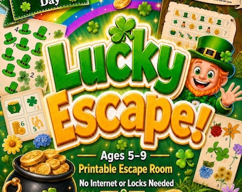 May include: A St. Patrick's Day Lucky Escape printable escape room game featuring a leprechaun, a rainbow, shamrocks, and a black pot of gold. The game includes puzzle cards with hats, coins, and flowers, labeled for ages 5-9, requiring no internet.