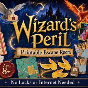 May include: A Wizard's Peril printable escape room game kit featuring a dark blue background with a castle, an owl, and a phoenix. Includes game cards, a scroll, a wax seal with 'Ages 8+', and text stating 'No Locks or Internet Needed'.