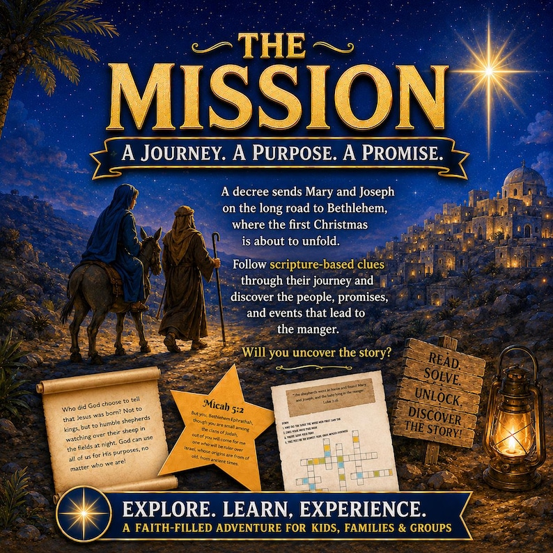 May include: A game titled The Mission featuring a starry night scene with Mary and Joseph travelling to Bethlehem. The box includes a scroll, a star-shaped card with Micah 5:2 text, a crossword puzzle, a wooden sign reading Read, Solve, Unlock, Discover The Story, and a lantern.