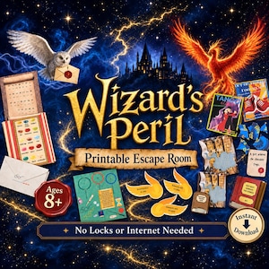 May include: A Wizard's Peril printable escape room game kit featuring a dark blue background with a castle, a white owl, and a phoenix. The set includes game cards, envelopes, a wax seal graphic, and text stating Ages 8+ and No Locks or Internet Needed.