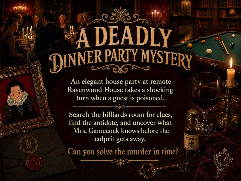 Może przedstawiać: Gra zatytułowana A Deadly Dinner Party Mystery przedstawia mroczną, klimatyczną scenę z portretem, kopertą z pieczęcią lakową, buteleczką trucizny, mosiężnym kluczem i świecą. Tekst opisuje zagadkę morderstwa w posiadłości Ravenwood House.