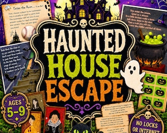May include: A Haunted House Escape board game box featuring a large central title, a black cat, a ghost, a skull, a jack-o'-lantern, and a cauldron. The design includes purple and green accents, illustrated character cards, and game instructions.