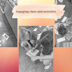 May include: A collage of images showing children participating in an engaging activity. The first image shows a child holding up a piece of paper with the word "risen" written on it. The second image shows two children working together on a craft project. The third image shows three children working on a puzzle with handprints on the pieces. The text "Engaging clues and activities" is written on a pink and orange background.