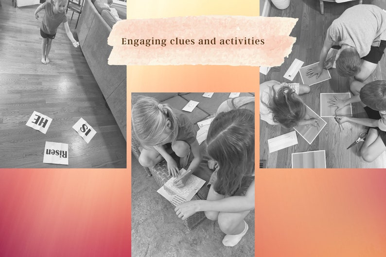May include: A collage of images showing children participating in an engaging activity. The first image shows a child holding up a piece of paper with the word "risen" written on it. The second image shows two children working together on a craft project. The third image shows three children working on a puzzle with handprints on the pieces. The text "Engaging clues and activities" is written on a pink and orange background.