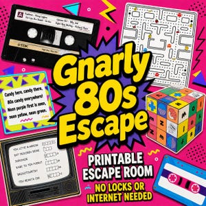 Może przedstawiać: Projekt graficzny z tekstem Gnarly 80s Escape, Printable Escape Room oraz No Locks or Internet Needed. Elementy obejmują czarną kasetę magnetofonową, grę labirynt, kolorową kostkę logiczną i niebieską kasetę na jasnoróżowym tle.