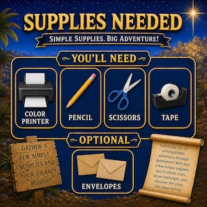 May include: A blue informational graphic titled SUPPLIES NEEDED with the subtitle SIMPLE SUPPLIES. BIG ADVENTURE! It lists required items: a colour printer, a yellow pencil, blue scissors, and tape. Optional items include brown envelopes.