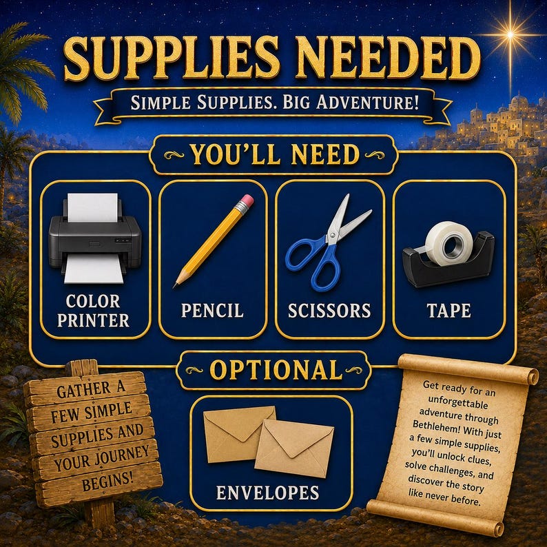 May include: A blue informational graphic titled SUPPLIES NEEDED with the subtitle SIMPLE SUPPLIES. BIG ADVENTURE! It lists required items: a colour printer, a yellow pencil, blue scissors, and tape. Optional items include brown envelopes.