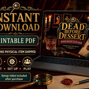 Może przedstawiać: Laptop wyświetlający grę typu escape room o tytule Dead Before Dessert. Na ekranie widać lupę, szklankę whisky i kopertę z woskową pieczęcią. Obok leży fizyczna lupa oraz pi&oacute;ro wieczne.