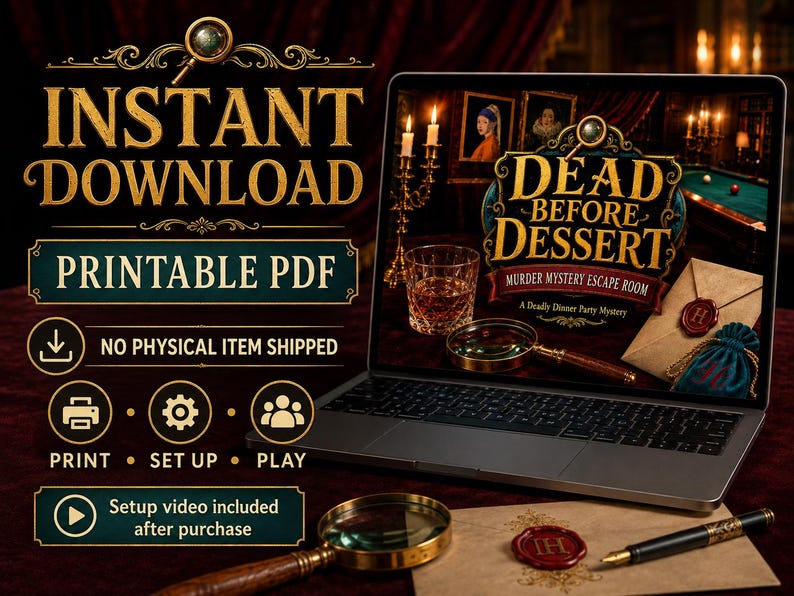 Może przedstawiać: Laptop wyświetlający grę typu escape room o tytule Dead Before Dessert. Na ekranie widać lupę, szklankę whisky i kopertę z woskową pieczęcią. Obok leży fizyczna lupa oraz pi&oacute;ro wieczne.