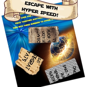Może przedstawiać: Zniszczona, świecąca ziemia z rozrzuconymi kawałkami tektury. Na kawałkach tektury znajdują się słowa, w tym "Escape with Hyper Speed!" i "Code for Scatter".