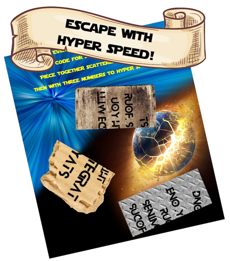 Może przedstawiać: Zniszczona, świecąca ziemia z rozrzuconymi kawałkami tektury. Na kawałkach tektury znajdują się słowa, w tym "Escape with Hyper Speed!" i "Code for Scatter".