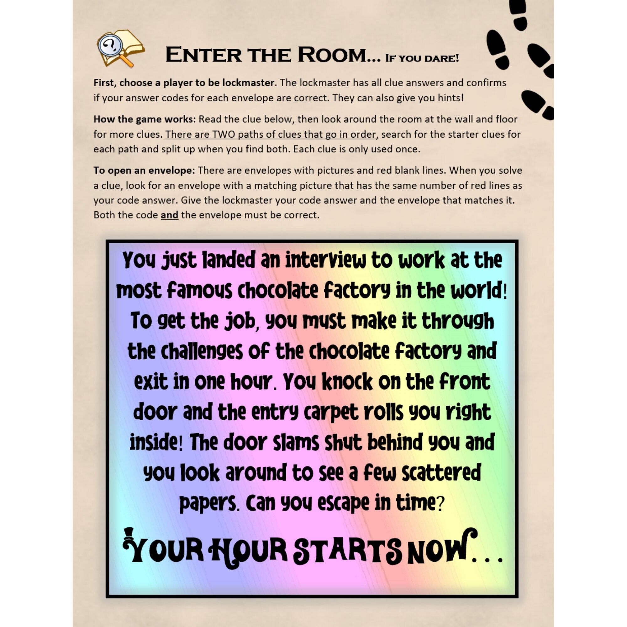 Factory Escape Room Game. Chocolate Candy Adventure Printable Party Game for Kids, Families, and