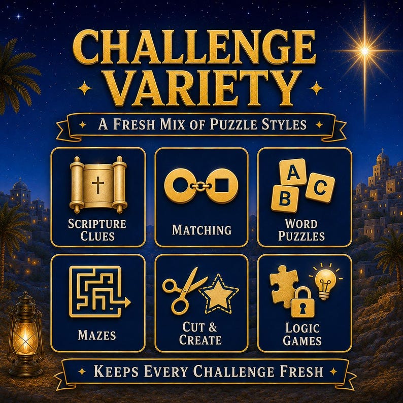 May include: A blue and gold graphic featuring the text CHALLENGE VARIETY A FRESH MIX OF PUZZLE STYLES. It displays six icons representing puzzle types: Scripture Clues, Matching, Word Puzzles, Mazes, Cut & Create, and Logic Games.