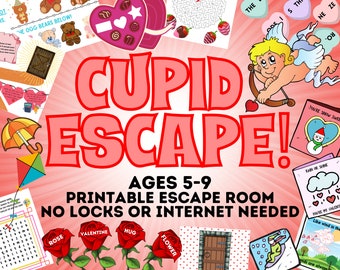 May include: A Valentine's Day-themed printable escape room game for ages 5-9. The design features a cartoon Cupid, hearts, roses, and the text "CUPID ESCAPE!" in red. The game requires no locks or internet.