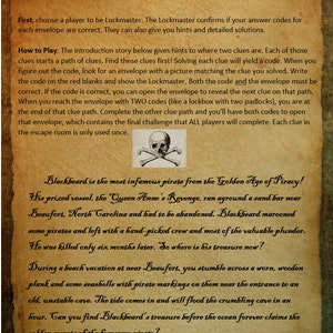 May include: A vintage-style parchment scroll with a skull and crossbones illustration and text that reads "Enter the Room... If You Dare!" and "Blackbeard is the most infamous pirate from the Golden Age of Piracy!" The text describes a pirate's treasure hunt.