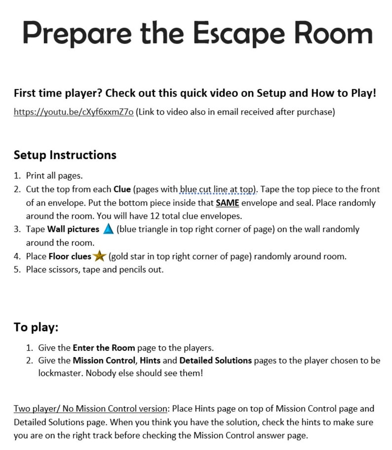Może przedstawiać: Instrukcje dotyczące konfiguracji i gry w escape room. Instrukcje obejmują kroki dotyczące drukowania, cięcia i składania element&oacute;w gry, a także instrukcje dotyczące gry. Tekst zawiera zwrot "SAME envelope" i wspomina o użyciu niebieskich tr&oacute;jkąt&oacute;w i złotych gwiazd.